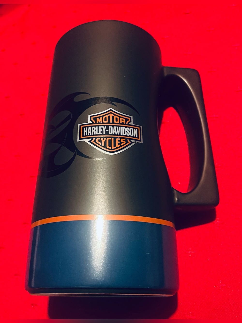 Vintage Harley-Davidson Black, Blue & Orange Ceramic Stein